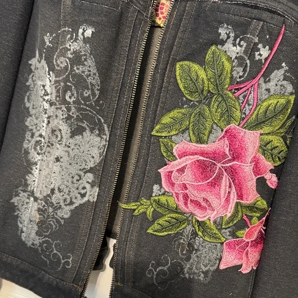 Aratta size small NWT Women's Black Denim Jacket with Pink Floral Embroidery - Picture 4 of 4